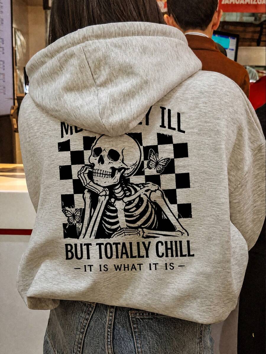 1pc Unisex Skull Slogan Checkerboard Print Comfortable Pullover Sweatshirt, Y2K Grunge Streetwear Sweatshirt Fall - Dark Gray - View 1