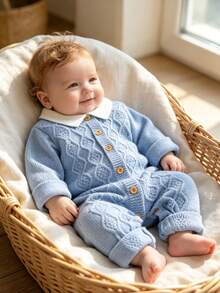 1pc Baby Knitted Long Sleeve Jumpsuit, Baby Boy Peter Pan Collar Cable Knit Jumpsuit, Unisex Baby Simple Versatile Outing Jumpsuit Crawler, Front Button Design Easy Diaper Change, Soft And Skin-Friendly - Blue - View 1