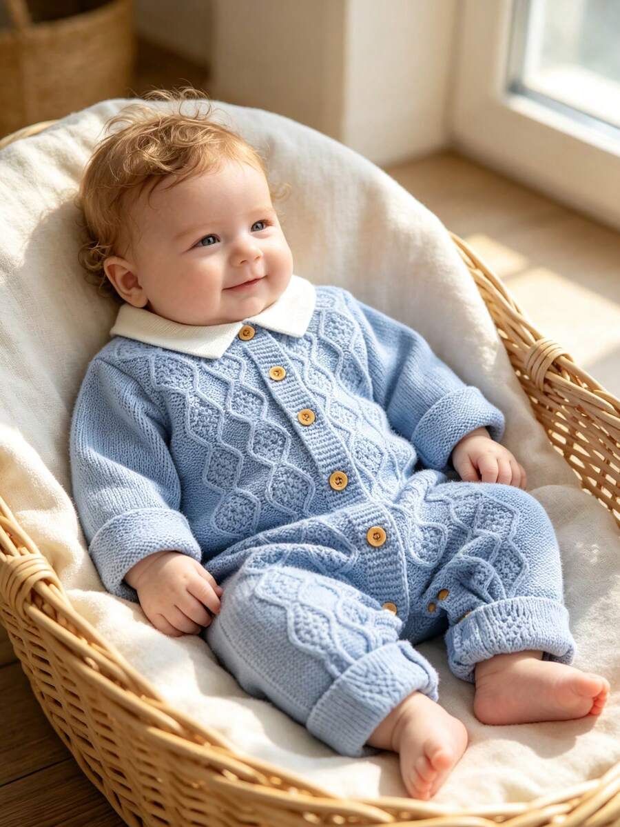 1pc Baby Knitted Long Sleeve Jumpsuit, Baby Boy Peter Pan Collar Cable Knit Jumpsuit, Unisex Baby Simple Versatile Outing Jumpsuit Crawler, Front Button Design Easy Diaper Change, Soft And Skin-Friendly - Blue - View 1