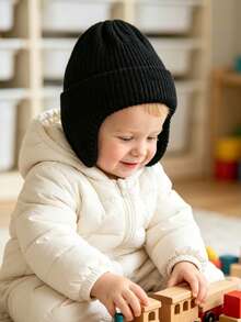 1pc Baby 0-3 Years Ear Protection Knitted Hat, Solid Color Thickened Knitted Knitted Hat, Fleece Lining, Warm Ear Protection Hat, Soft Unisex Baby Hat, Suitable For Daily Wear - Multicolor - View 5