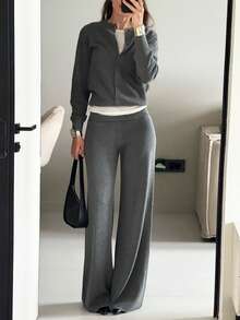 Basic Minimalist Fashion Women's Grey Wool Sweater Set, Including Button-Front Cardigan And Comfortable Wide-Leg Pants, Autumn Outfit Choice - Grey - View 4