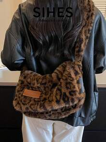 1pc Leopard Print Plush New Women's Bag, Shoulder Bag, Crossbody Bag, Fashion Leopard Print Plush Bag, Suitable For Commuting, Shopping, Dating - Coffee - View 6