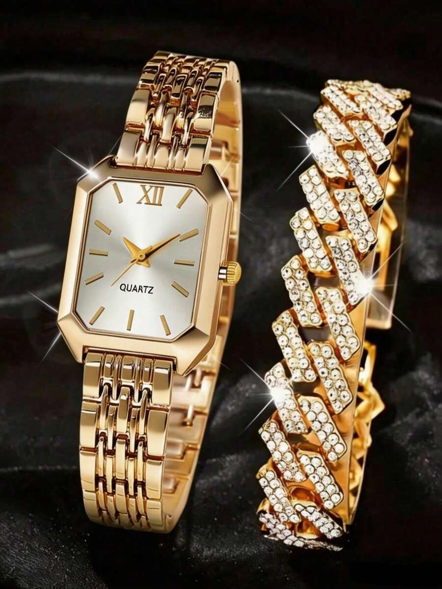 2pcs/Set Women's Elegant Vintage Watch Set, Luxury Gold Chain Court Style Quartz Watch, Rectangular Dial, Stainless Steel Band, Classic Pointer Wristwatch - Gold - View 1
