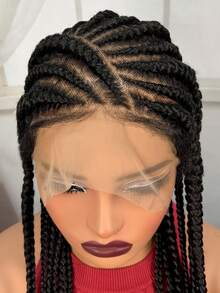 A ANYTIME Wig Lace Depan Kepang Kotak Hitam untuk Wanita, Wig Kepang Sintetis Lace Penuh, Rambut Kepadatan Tinggi untuk Pemakaian Sehari-hari - Hitam - View 2