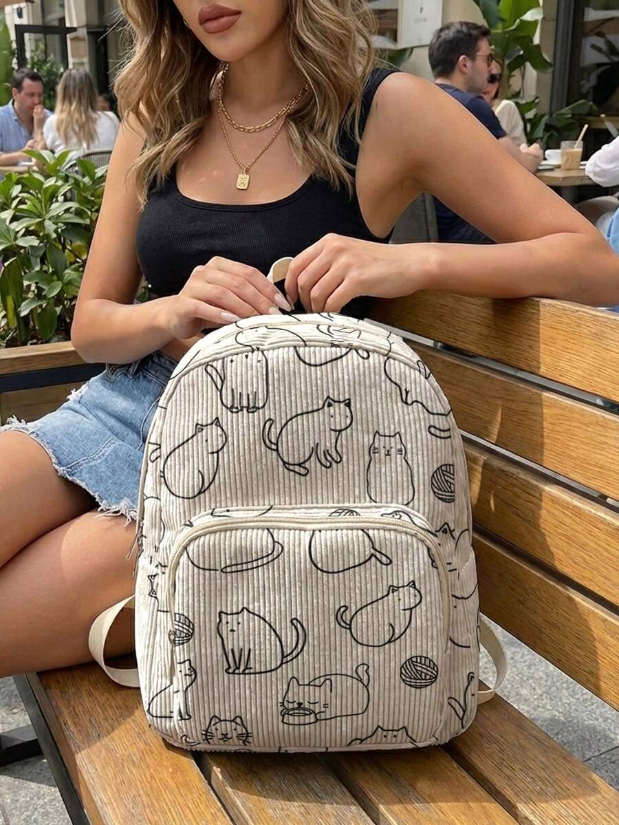 1PC Kitten‑Print Women Mini Backpack, Corduroy Girl School Bag, Travel Storage Bag, Large Capacity Foldable Lightweight Backpack, Multi‑Pocket Layered Design With Zipper Closure - Kitten 401274 - View 1
