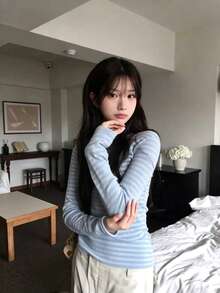 Women's Boat Neck Striped Colorblock Long Sleeve Slim Fit T-Shirt - Multicolor - View 7