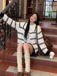 Women's Colorblock Striped Polo Collar Cardigan Knit Sweater With Wooden Buttons, Slimming Soft Knit Jacket, Flattering Skin-Brightening Knit Top - Black and White - View 7