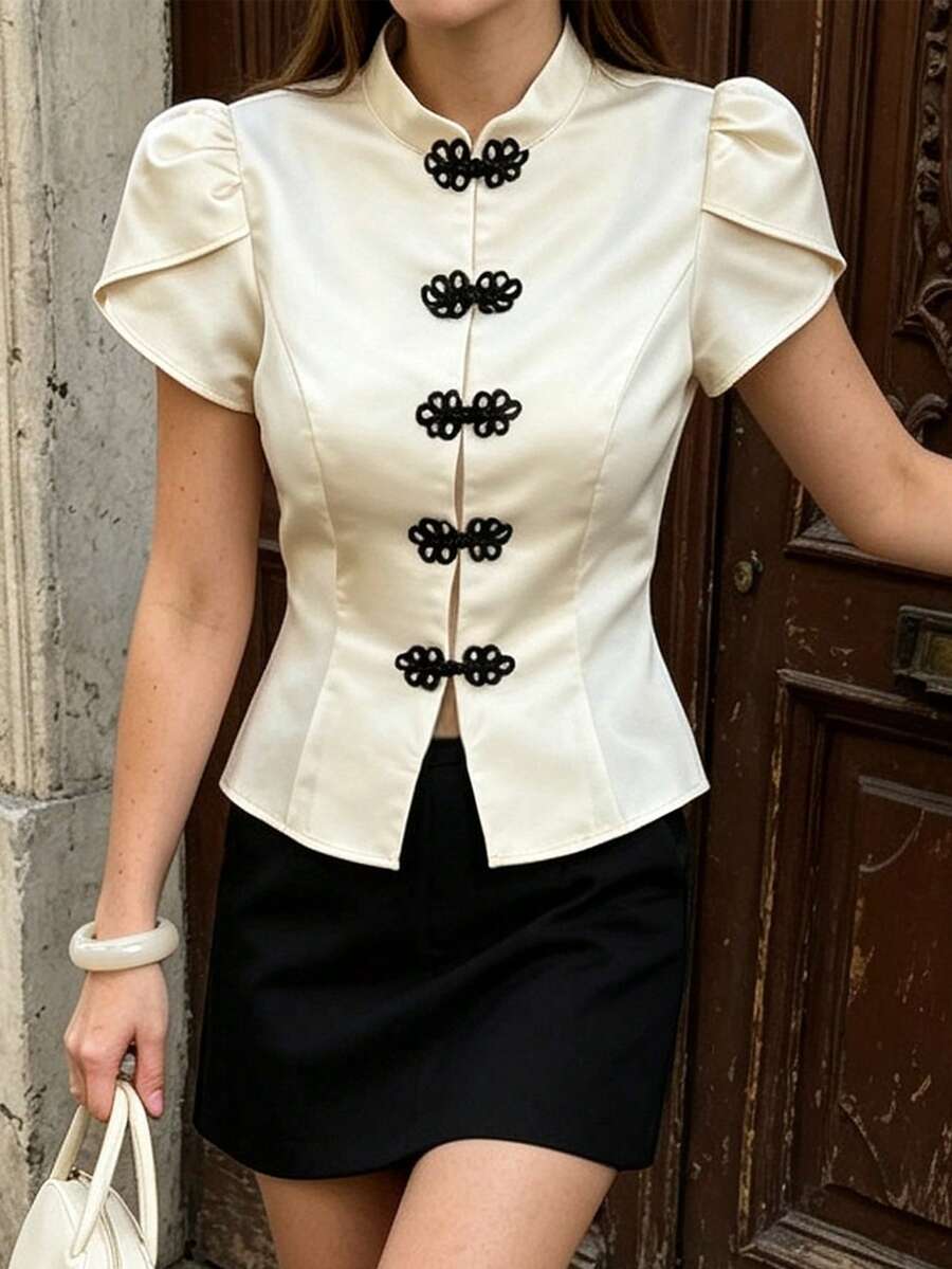 Women's Front Button Short Sleeve Elegant Blouse - Champagne - View 1