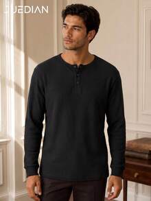 1pc Black Waffle Knit Men's Long Sleeve Polo Shirt, Henley Collar Half-Button Design, Men's POLO Shirt, Men's T-Shirt, Solid Color Loose Ribbed Cuff Long Sleeve Top, Breathable Textured Fabric, Men's Casual Pullover, Old Money Style, Gentleman Elegant Men's Top - Black - View 4