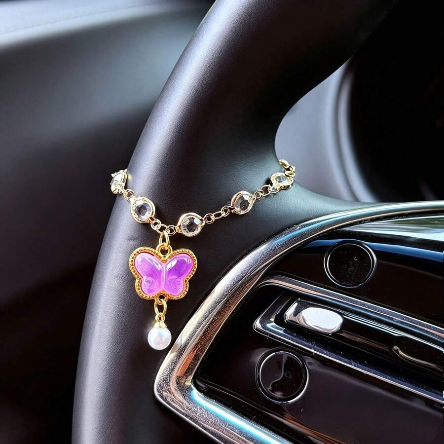 1pc Sparkling Rhinestone Butterfly Car Steering Wheel Pendant - Elegant Suitable For For Car, Dashboard Ornament, Gift For, Birthdays, Valentine's Day, Party Favors, Vehicle - Butterfly Pearl - View 1