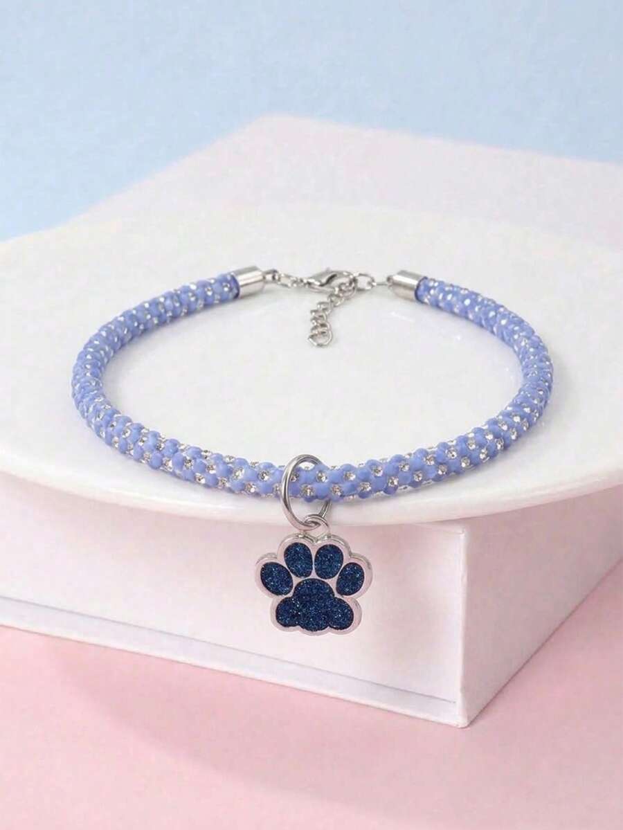 Blue Paw Print Rhinestone Collar, Suitable For Cats And Dogs, Comfortable For Small And Medium-Sized Pets, Suitable For Year-Round Wear, Suitable For Home Daily Use Or Outdoor Walks And Play (Note: Product Is Fragile, Do Not Overstretch) - Blue - View 1