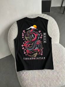 YUNCHIC 男士宽松背心，创意图案，休闲日常穿着，百搭，宽松版型，夏季 - 黑色 - 查看 2