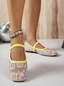 Women's Yellow Strap Mary Jane Ballet Flats, Square Toe With Buckle Decor, Casual Shoes - Yellow - View 3