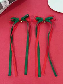 1pc Christmas Holiday Style Bell & Bow Hair Clip With Long Contrast Color Ribbon, Party Atmosphere Headpiece - Multicolor - View 7