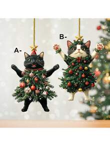 2pcs Christmas Acrylic Cat Ornaments, Flat Plastic Hanging Decor For Christmas Tree, Festive Pendants For Fireplace And Ceiling, Cute Cat In Christmas Tree Design, Suitable For Keychain, Bag And Car Rearview Mirror - Multiple Styles - View 3