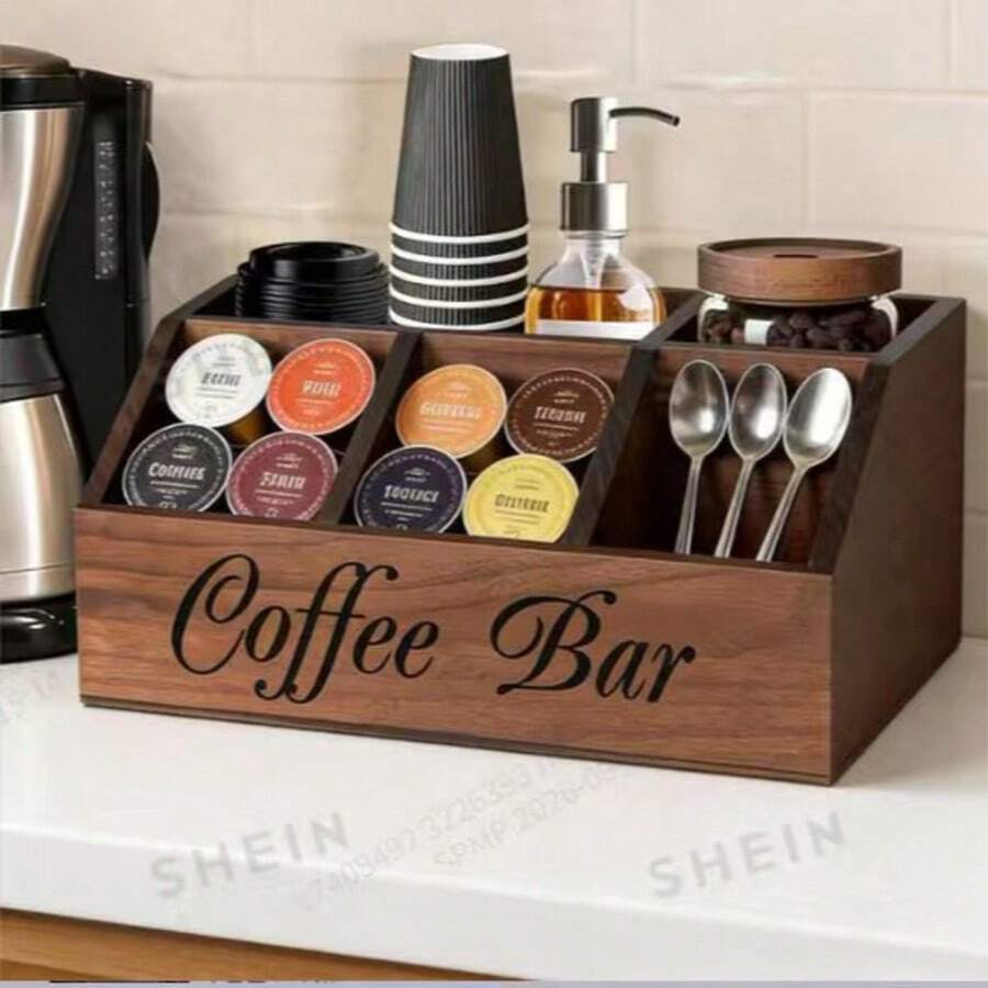 1pc 5-Compartment Wooden Coffee Bar Organizer, Vintage Country Style Countertop Storage Box, Suitable For Coffee Capsules, Coffee Cups, Spoons And Accessories, Farmhouse Style Kitchen Coffee Station Decor - Multicolor - View 1