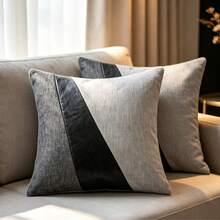 Modern Minimalist Diagonal Stripe Faux Leather & Linen Patchwork Pillow Case, Grey Square Decorative Cushion Cover, Suitable For Sofa, Bedroom, Living Room Home Decor - Light Grey - View 4