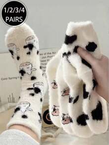 4 Pairs Cow Pattern Plush Crew Socks, Thick Coral Fleece Socks, Men's Socks, Soft And Comfortable, Suitable For Daily Wear, Christmas, Winter Home Warmth (8/6/4/3/2/1 Pairs) - Multicolor - View 5