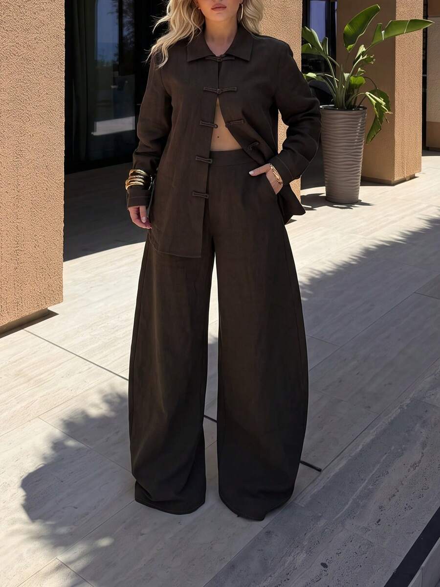 Two Pieces Set With Chinese-Style Knotted Buttons: Long-Sleeved Collared Shirt And High-Waisted Wide-Leg Trousers-Suitable For Work. - Brown - View 1