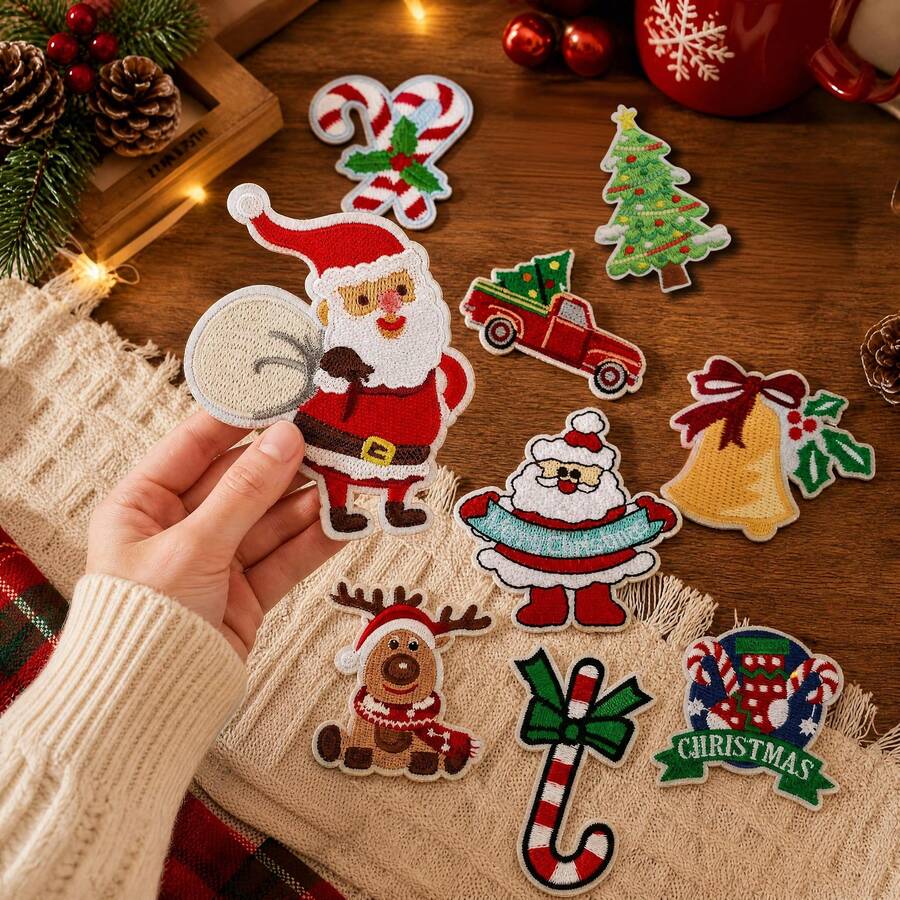 9pcs Christmas Embroidered Patches, Santa Claus Reindeer Christmas Tree Appliques, High Density Embroidery Wear-Resistant Durable, Iron-On/Sew-On, Suitable For Clothing Decoration, Suitable For Hooded Backpacks - Christmas Collection - View 1