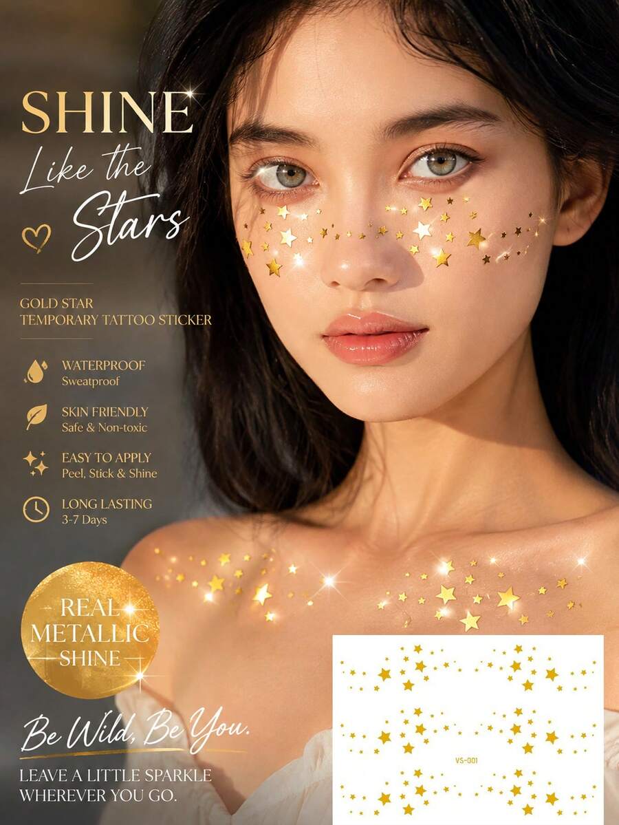 Gold Star Metallic Temporary Tattoos For Women, Shiny Face & Body Star Tattoo Stickers, Waterproof Long-Lasting Gold Foil Body Art For Festivals, Parties, Concerts, Raves, Makeup & Holiday Looks - Multicolor - View 1