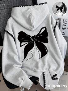 Lurzo Girls' Sweet & Playful Cute Colorblock Faux Shoulder Hooded Sweatshirt, Shell Trim & Butterfly Print Pullover Sweatshirt, Cute Loose Fit, Suitable For Daily Casual Wear - Grey - View 4