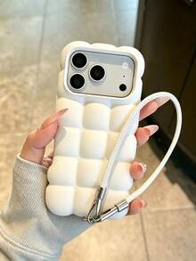 Phone Case - Creative Cute Cream Color 3D Cloud Design Phone Case, Compatible With Apple 18 Pro Max 17 Pro Max 17 16 Pro Max 16 Pro 16 15 Pro Max 15 Pro 14 Pro Max, With Anti-Loss Lanyard Wrist Strap, Simple Cute Matte Shockproof Bumper Shell - White - View 2