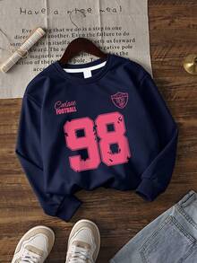 2pcs Set: Girls' College Style Digital Graphic Print Crew Neck Sweatshirt And Printed Casual Wide Leg Pants, Suitable For Autumn/Winter, School, Shopping And Sports - Navy Blue - View 5