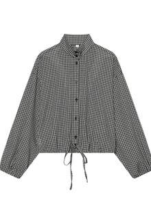 Women's Plaid Long Sleeve Shirt With Elastic Hem, Casual Style, Front Button Closure, Checkered Pattern - Black and White - View 6