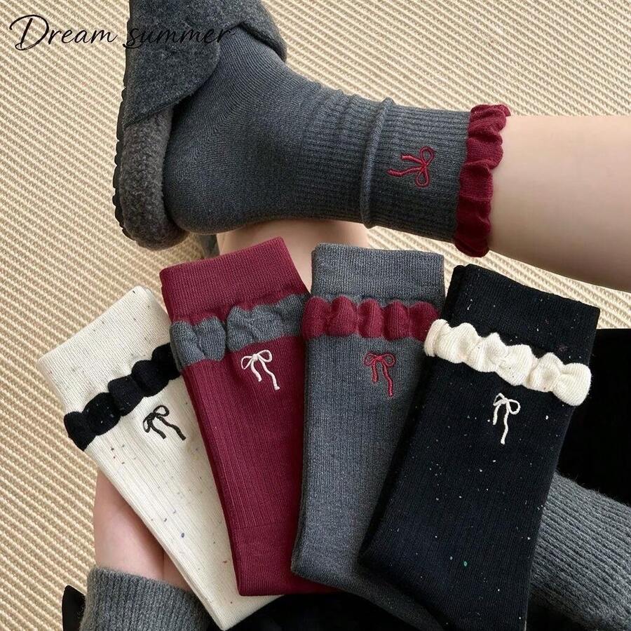 4 Pairs Bowknot Embroidered Lace Mid-Calf Women's Socks, College Style, Daily Wear, - Multicolor - View 1