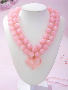 OABE 2pcs/Set Bohemian Style Pink Heart Pendant Beaded Necklace Set, Autumn Outfit Accessory Suitable For Women's Daily Wear - Pink - View 7