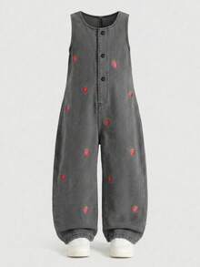 1 buah Overall Denim Bordir Stroberi untuk Anak Perempuan, Tanpa Lengan, Kancing Depan, Kasual, Longgar, Potongan Lurus - Grey - View 2