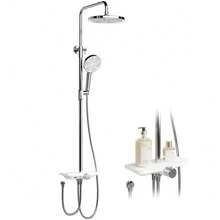 25cm Rainfall Shower System With Round Overhead Shower Head, Adjustable Stainless Steel Column & Shelf – Wall-Mounted, No Faucet Required - Silver White - View 7