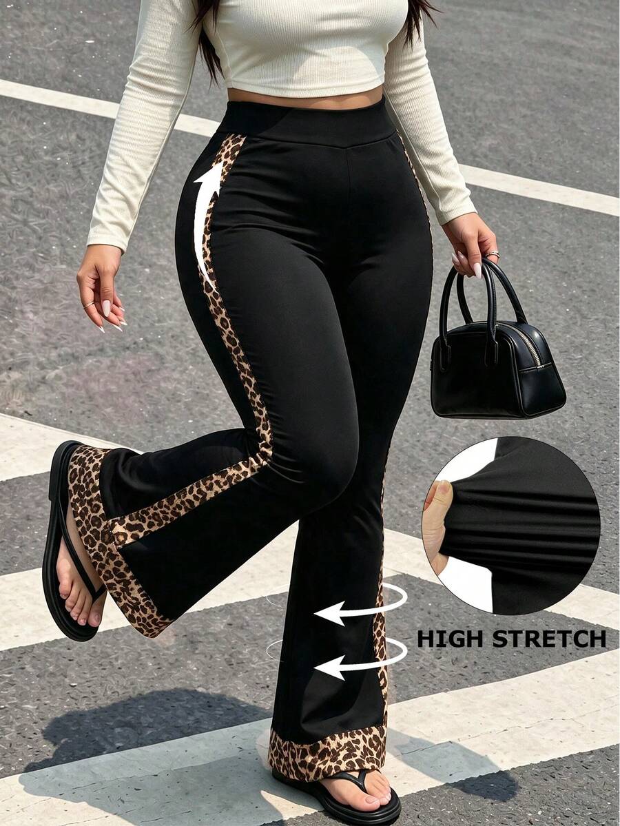 Plus Size Women's High Waist Leopard Print Patchwork Flare Pants
