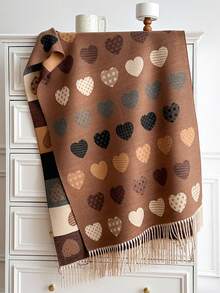 1pc Heart Pattern Jacquard Tasseled Thick Scarf 65*195cm, Polyester Core‑Spun Yarn, Fall Winter Shawl For Travel Party Outing, Wear As Scarf Shawl - Multicolor - View 10