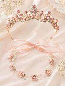 2/1pc Kids Girls Princess Tiara Crown & Floral Pearl Hair Vine Set, Pink Rhinestone Hair Accessories For Birthday, Pageant, Party, Photo Shoot - Multicolor - View 1