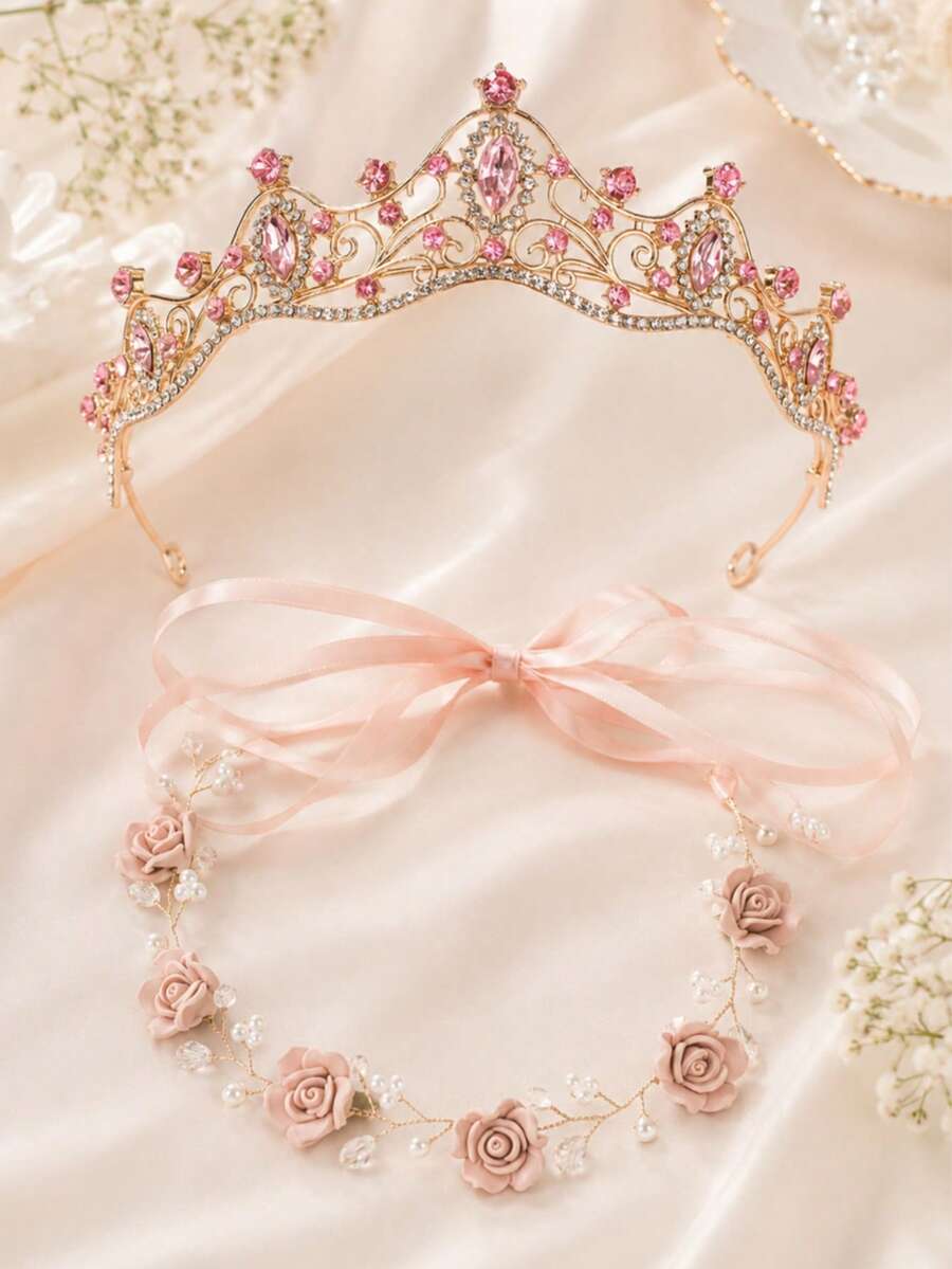 2/1pc Kids Girls Princess Tiara Crown & Floral Pearl Hair Vine Set, Pink Rhinestone Hair Accessories For Birthday, Pageant, Party, Photo Shoot - Multicolor - View 1