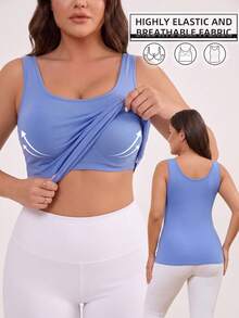 Plus Size Women's Built-In Bra Tank Top Scoop Neck Sleeveless Base Layer Cami For Fall Back To School Workout Daily Commute - Blue - View 2