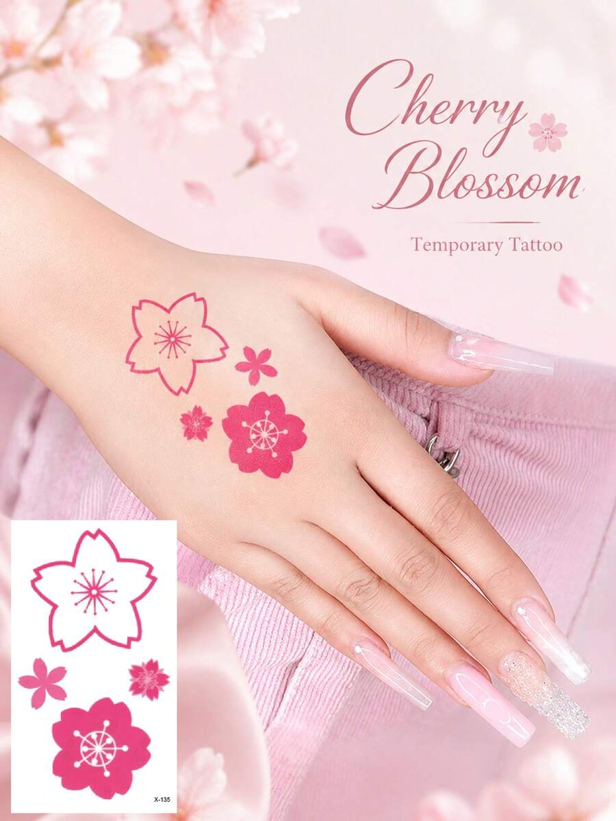 Cherry Blossom Temporary Tattoos For Women, Pink Sakura Flower Tattoo Stickers, Waterproof Floral Body Art For Hands, Wrists, Arms, Spring Parties, Festivals, Weddings & Everyday Style - Multicolor - View 1