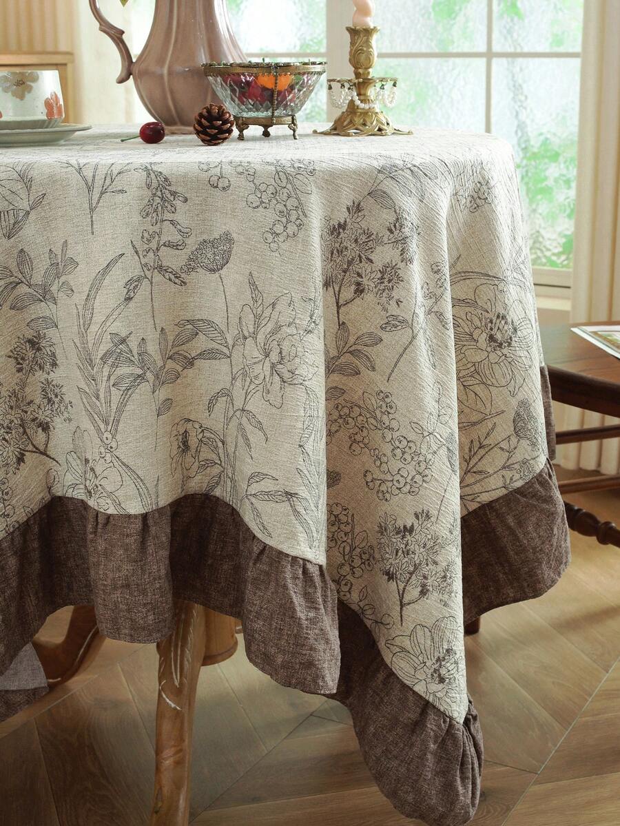 1pc Colorblock Ruffle Edge Tablecloth, Floral Print, Autumn/Winter Atmosphere, Farmhouse Style, Suitable For Dining Table Decor, Picnic Tablecloth, Holiday Celebration, Party Gathering, Birthday Banquet, Daily Dining Table, Kitchen And Dining Room Decoration, All Seasons, Home Decor - Silver - View 1