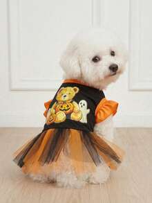 LUCKIE PAL 1pc Halloween Pumpkin Bear Pet Mesh Dress With Bow, Ruffle Sleeves, Cute Fairy Ballet Style Tutu Dress For Cats And Dogs - Multicolor - View 4