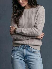 Plus Size Women's Oatmeal Color Knit Sweater, Long Sleeve Round Neck Straight Loose Fit With Cable Cable Hollow Texture, Minimalist Casual Commute Daily Office Autumn/Winter Party Top - Khaki - View 3