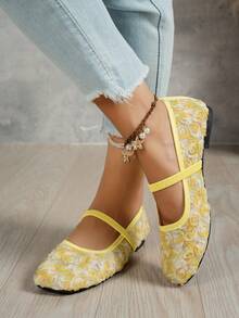 Women's Yellow Lace‑Up Mary Jane Ballet Flats, Square Toe With Buckle Accent, Casual Shoes - Yellow - View 4