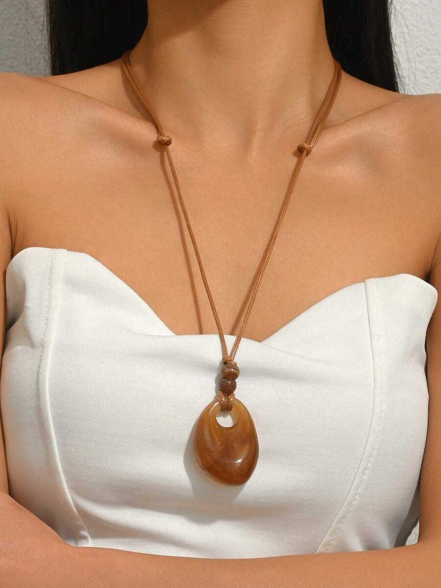 1pc Vintage Water Drop Acrylic Pendant PU Necklace For Women, Suitable For Daily Wear - Multicolor - View 1