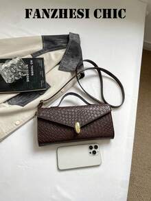 Woven Embossed Envelope Baguette Handbag With Vintage Metal Lock, Crossbody Long Small Bag, Premium Commuter Party Handbag, Ins Niche Design Elegant Women's Daily Versatile Storage Bag - Coffee Brown - View 4