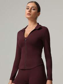 Women's Stand Collar Zipper Round Hem Slim Fit Sports Jacket - Red - View 5