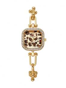 Women's Luxury Rhinestone Leopard Print Wristwatch, Square Leopard Print Dial U-Shaped Beaded Bracelet Style Personalized Quartz Watch, Gift For Girlfriend (1pc/Set) Watch Box Not Included - Gold - View 9