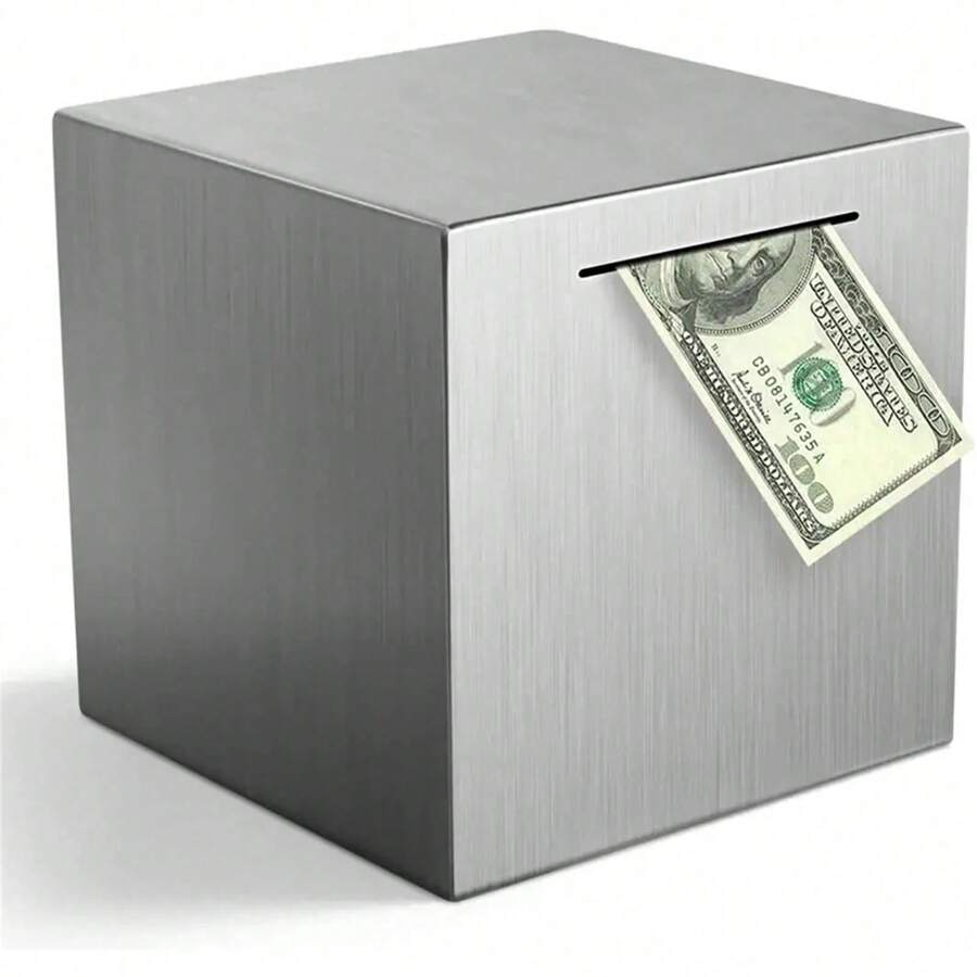 1pc Silver Stainless Steel Money Box, Tamper-Proof Storage Box, Anti-Theft Cash And Coin Storage Container, Adult Home Office Desktop Financial Savings Organizer - Silver - View 1