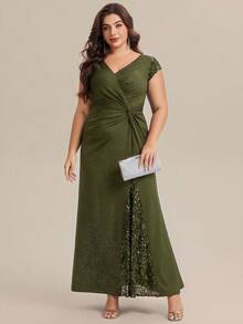 Elegant Olive Green Plus Size Wedding Guest Dress, V-Neck Ruched Bust Design, Sequin Patchwork, Suitable For Graduation Ceremony And Prom - Olive Green - View 4