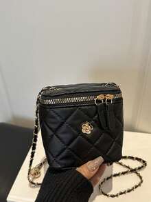Tas Selempang Mini Wanita Motif Quilted, Tas Bahu Rantai dengan Dekorasi Bunga, Dompet Persegi Kecil untuk Pesta Sehari-hari - Hitam - View 8